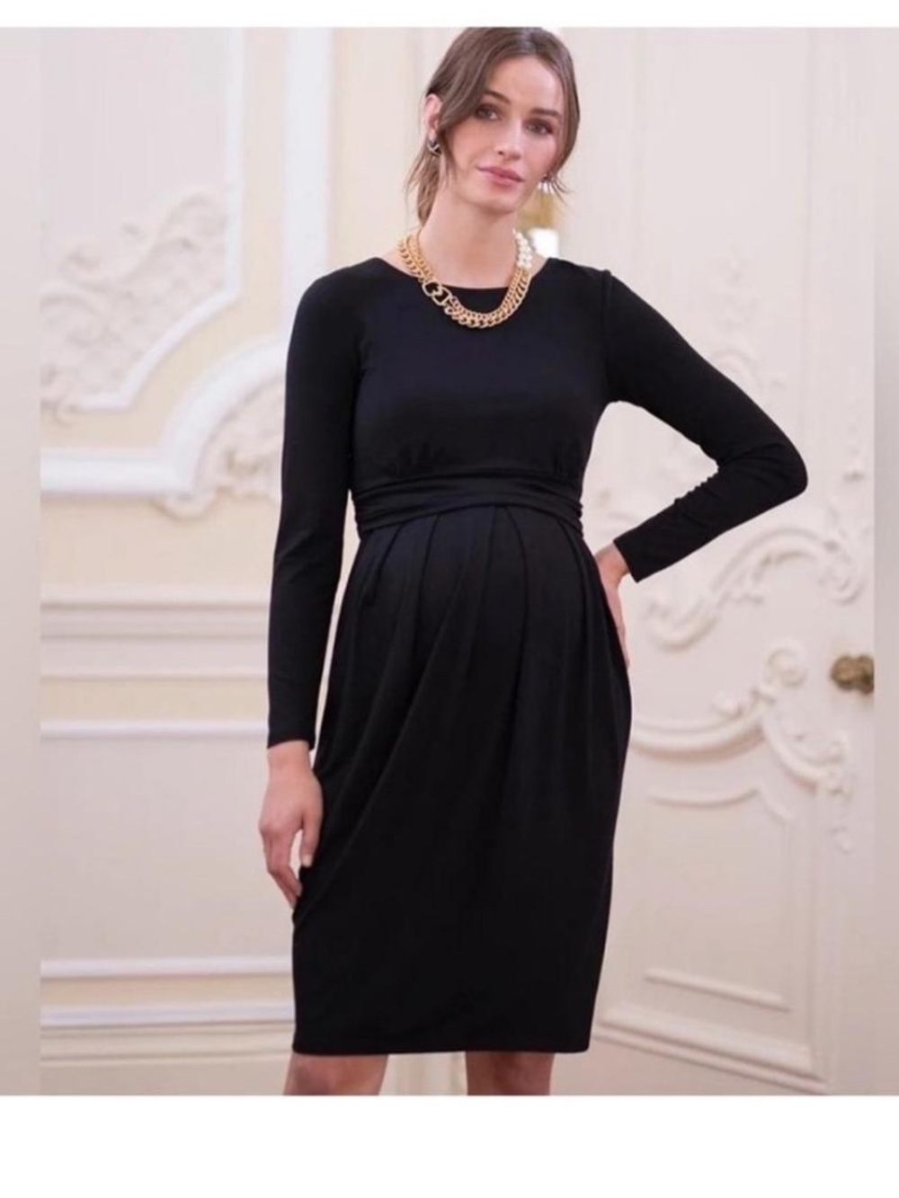 Seraphine Black Long Sleeve Maternity/Nursing Dress with Pleated Waist